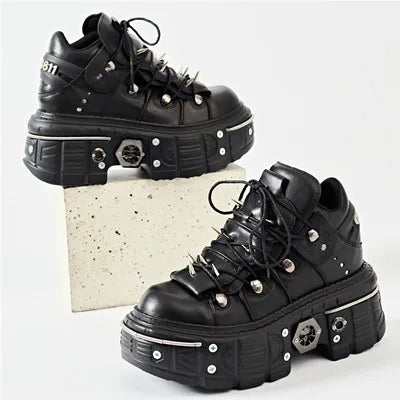 Drune | Fashion Frauen Ankle Boots Damen Dünne Absätze Runde Spitze Schnürsenkel Metall Dekoration Sneakers Fräulein Nieten Punk Gothic Rock Schuhe