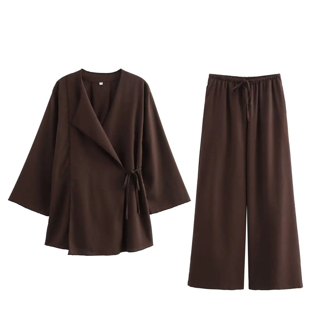 Drune | Fashion Leinen 2 Teile Frauen Frühling Sommer Kimono Stil Loose Schnürhemden Tops Frauen Breite Bein Hosen Set