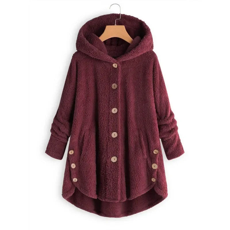 Drune | Fleecejacke Relaxed Fit mit Kapuze Knopfverschluss Extralang Hinten