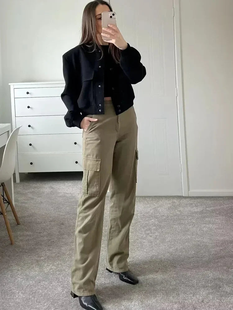 Drune | Cropped Baseballkragen Bomberjacke mit Druckknöpfen