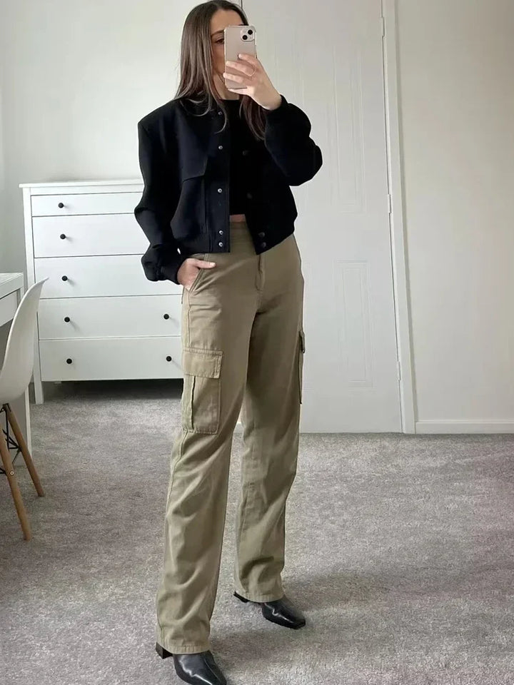 Drune | Cropped Baseballkragen Bomberjacke mit Druckknöpfen