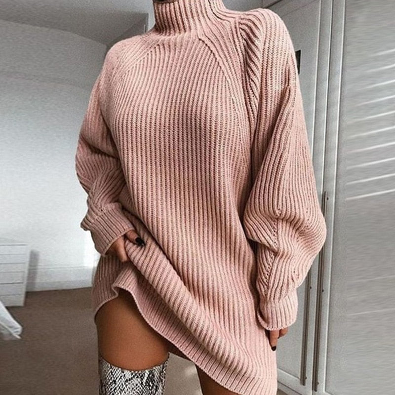 Drune Attraktives A-Linien-Kleid | Damen Herbst Strickkleid mit Rollkragen