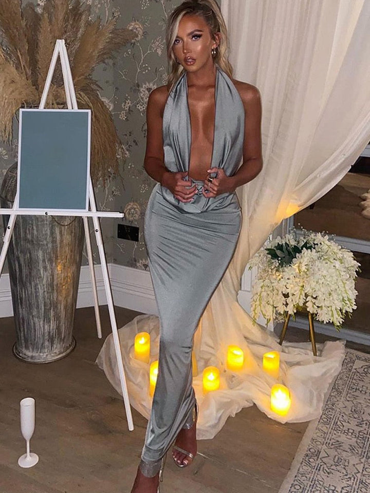 Drune - Sexy langes Kleid mit V-Ausschnitt und Halterneck für Frauen