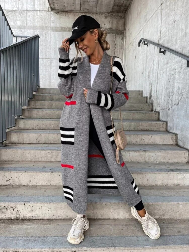 Drune - Lange gestreifte Strickjacke