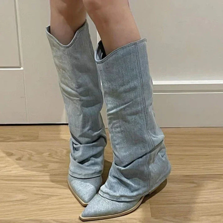 Drune | Denim Knie Stiefel