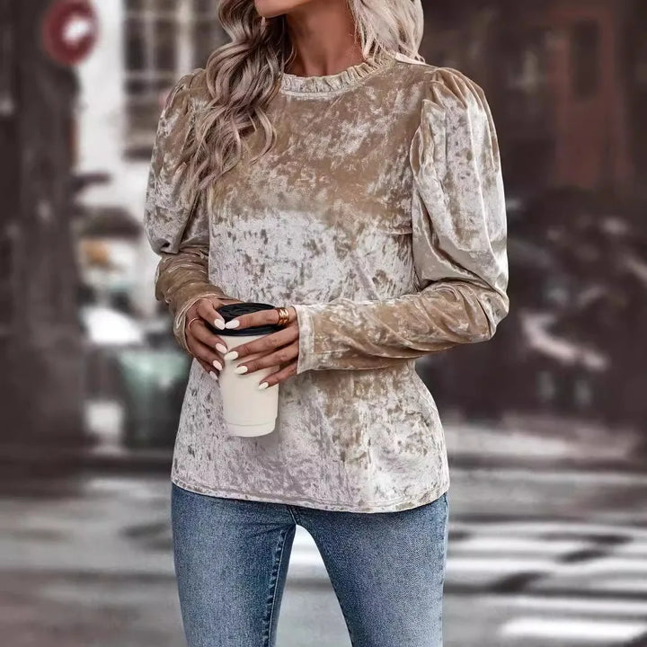 Drune | Veloursbluse mit Hohem Kragen Lange Ärmel Elegant und Weicher Stil