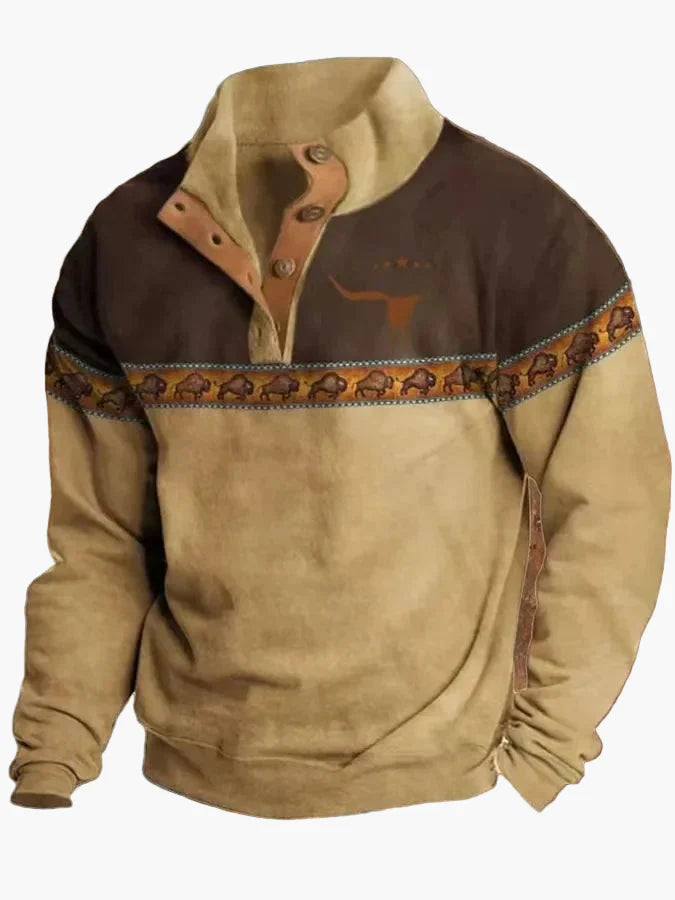 Drune | Vintage Western Sweatshirt mit Ethno-Muster und Stehkragen - Freizeitpullover