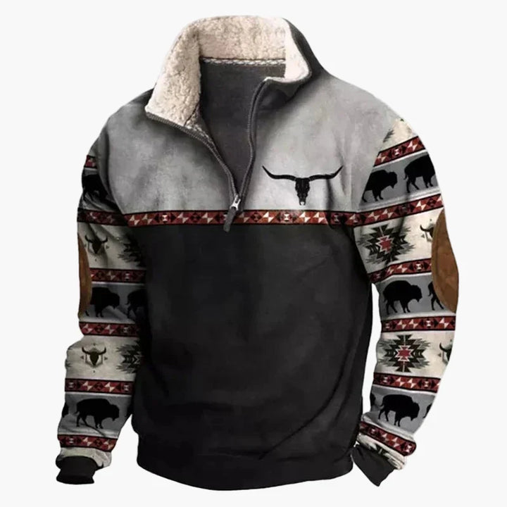 Drune | Western Style Pullover mit Azteken-Muster und Longhorn-Motiv - Bequemer Freizeit-Sweater für Outdoor & Alltag