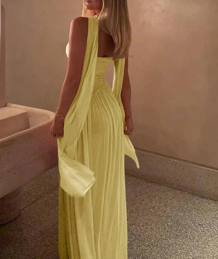 Drune | Patchwork Maxi Kleid Schal Rückenfrei Strapless Rüschen Bankett