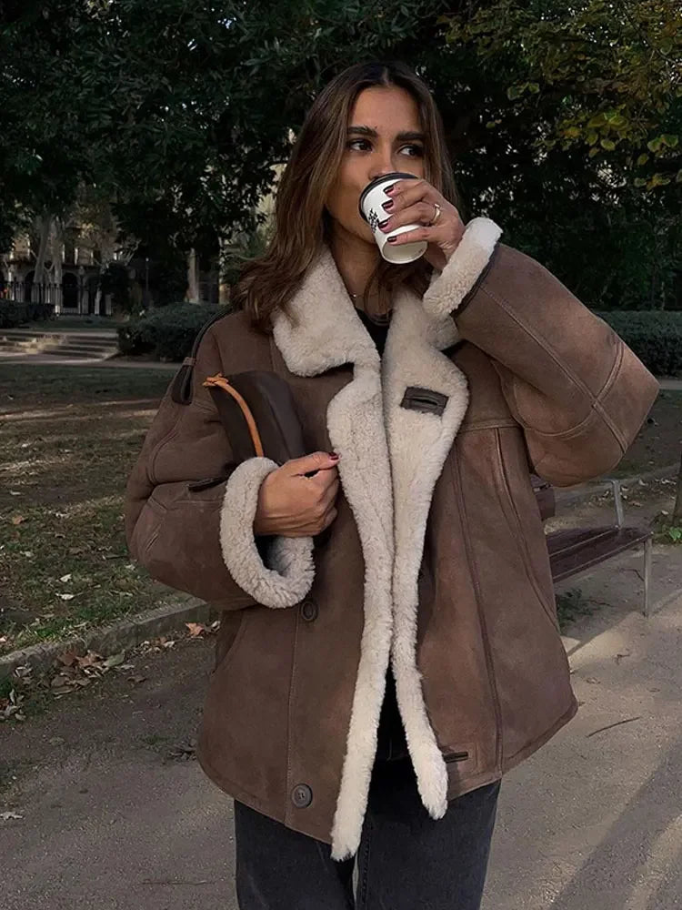 Drune | Luxuriöse Pilotenjacke mit Wollfutter Faux Wildleder und Fleece Warm und Stilvoll