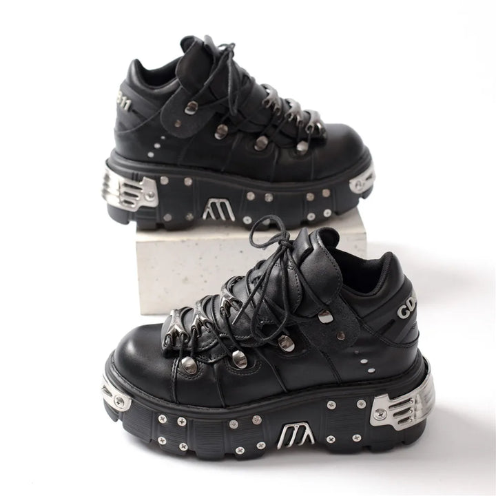 Drune | Frauen Ankle Boots für Frauen Dicke Sohle Schnürsenkel Metall Dekoration Runde Zehen Plattform Schuhe Ladeis Punk Gothic Sneakers