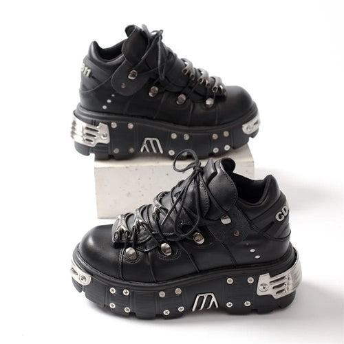 Drune | Frauen Ankle Boots für Frauen Dicke Sohle Schnürsenkel Metall Dekoration Runde Zehen Plattform Schuhe Ladeis Punk Gothic Sneakers