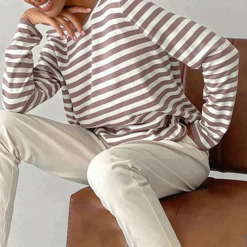 Drune | Langarm-T-Shirt Gestreift Rundhals Relaxed Fit Atmungsaktive Baumwolle