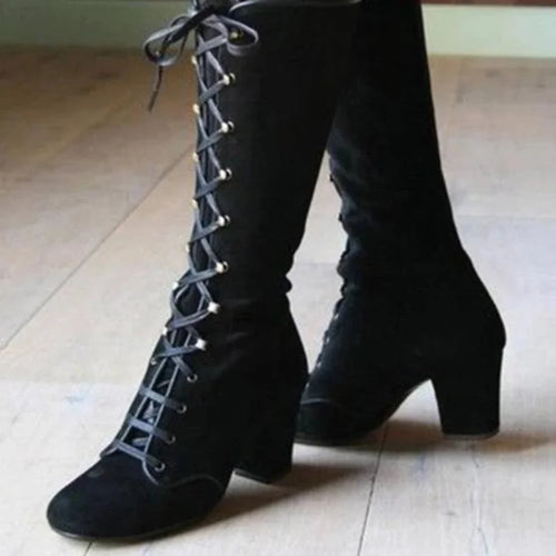Drune | Elegante Knielange Schnürstiefel mit Blockabsatz