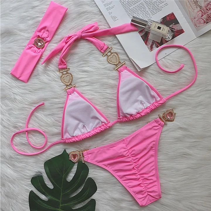 Drune | Pink Sexy Bikinis Schwimmbekleidung mit Herz Strass Damen Bademode Female Push-Up Bikini Strand Bademode Badeanzüge Pool Badebekleidung