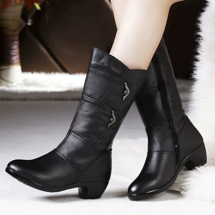 Drune | Mid Calf Stiefel Lederähnliche Optik Seitenreißverschluss Niedriger Absatz Figurbetonte Silhouette