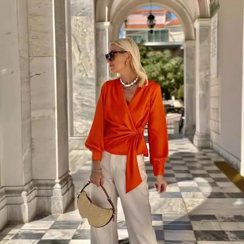 Drune | Satin Orange Long Sleeve V-neck Shirt Für Damen in Rot Orange