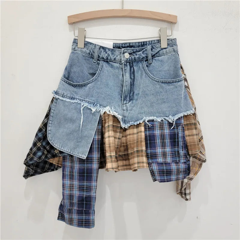 Drune | Jahrgang Unregelmäßig Patchwork Kariert Röcke Denim Kurz für Frauen Hohe Taille Eingewickelt Hüfte Mini Rock Sommer Weiblich