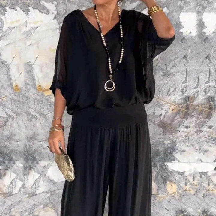 Drune | Elegantes Zweiteiliges Set Aus Chiffonoberteil Und Hose Mit Weitem Bein