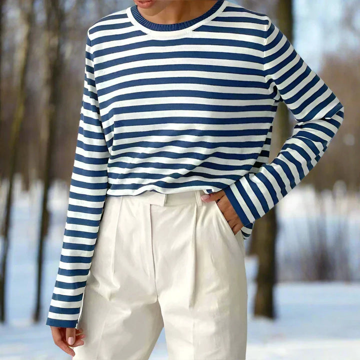 Drune | Langarm-T-Shirt Gestreift Rundhals Relaxed Fit Atmungsaktive Baumwolle