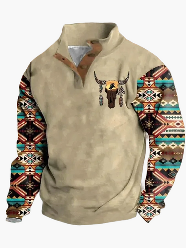 Drune | Vintage Western Sweatshirt mit Ethno-Muster und Stehkragen - Freizeitpullover