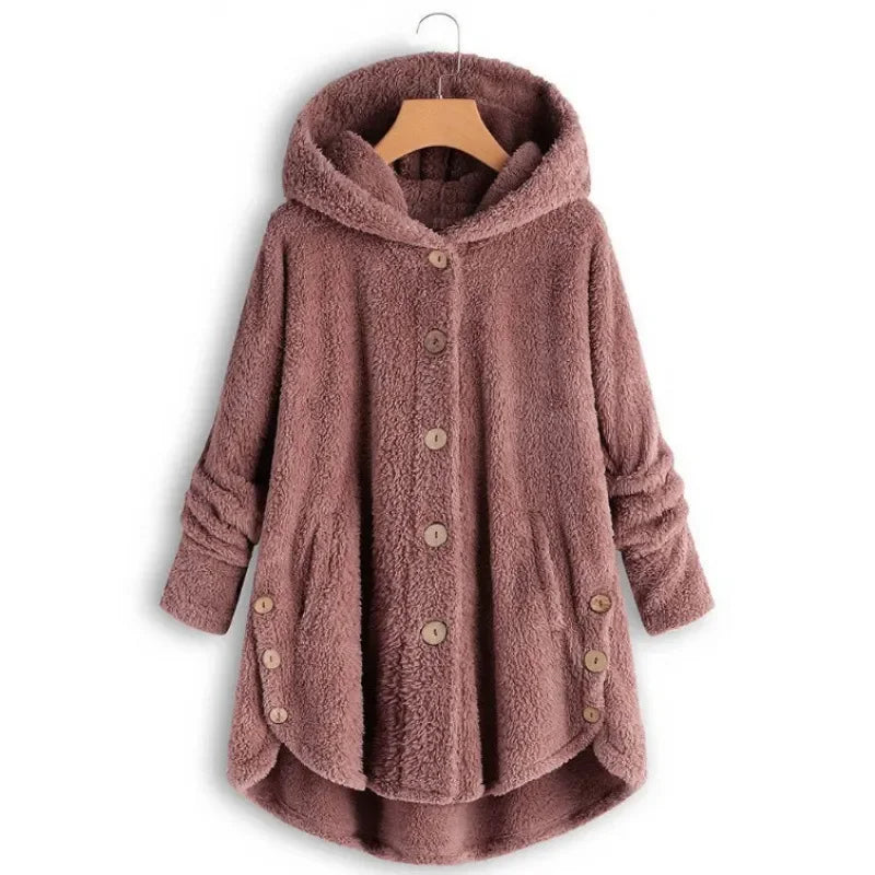 Drune | Fleecejacke Relaxed Fit mit Kapuze Knopfverschluss Extralang Hinten