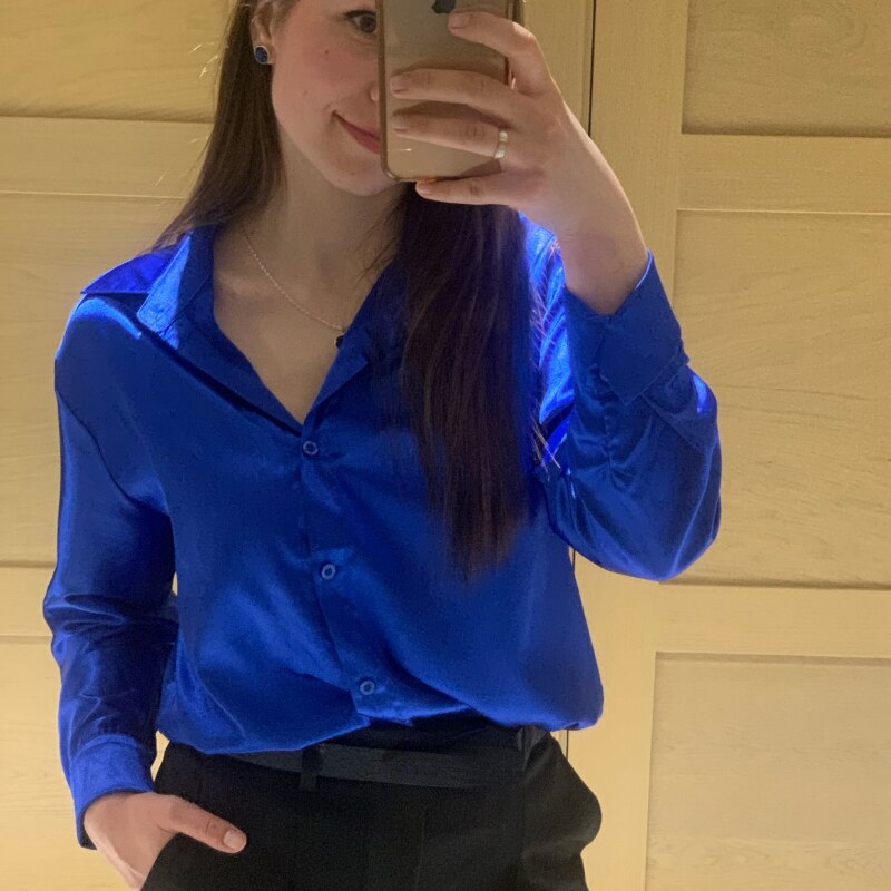 Drune | Satinierte Bluse Mit Polo Kragen Seidenbluse Fürs Büro Weinlese Design Mit Lockerer Knopf Elegante Mode