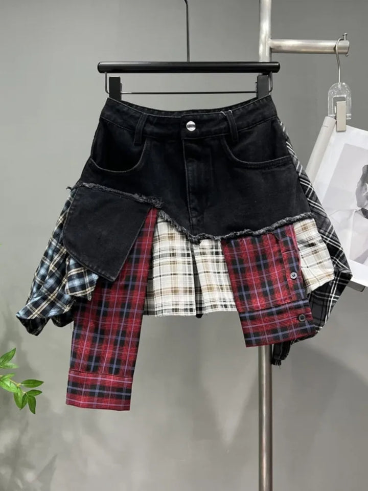 Drune | Jahrgang Unregelmäßig Patchwork Kariert Röcke Denim Kurz für Frauen Hohe Taille Eingewickelt Hüfte Mini Rock Sommer Weiblich