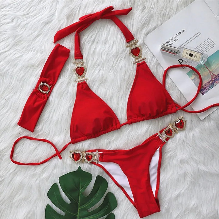 Drune | Pink Sexy Bikinis Schwimmbekleidung mit Herz Strass Damen Bademode Female Push-Up Bikini Strand Bademode Badeanzüge Pool Badebekleidung