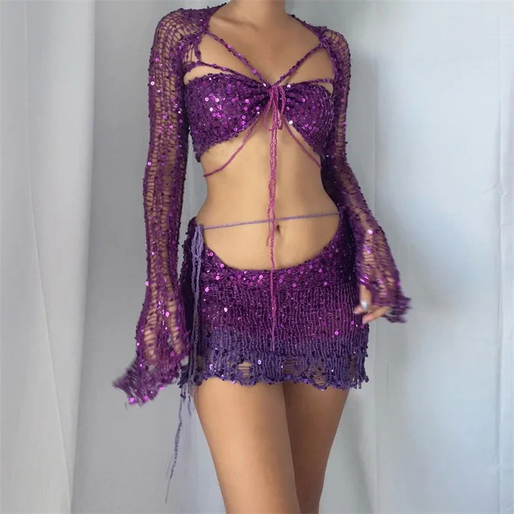 Drune | Paillettengehäkelter Langärmliger Croptop und Minibodyconrock Zweiteiliges Satz