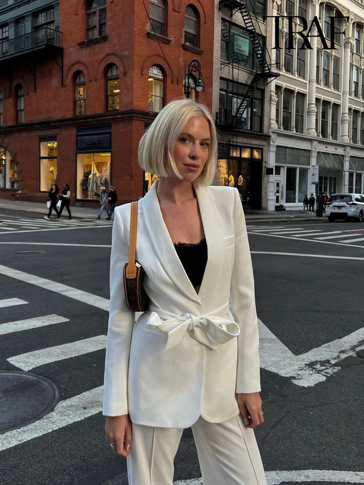 Drune | Damen Freizeit Blazer Schicke Oberbekleidung Elegante Schlaghosen Langarm V-ausschnitt Gürtel Büro Pendler Anzug Satz