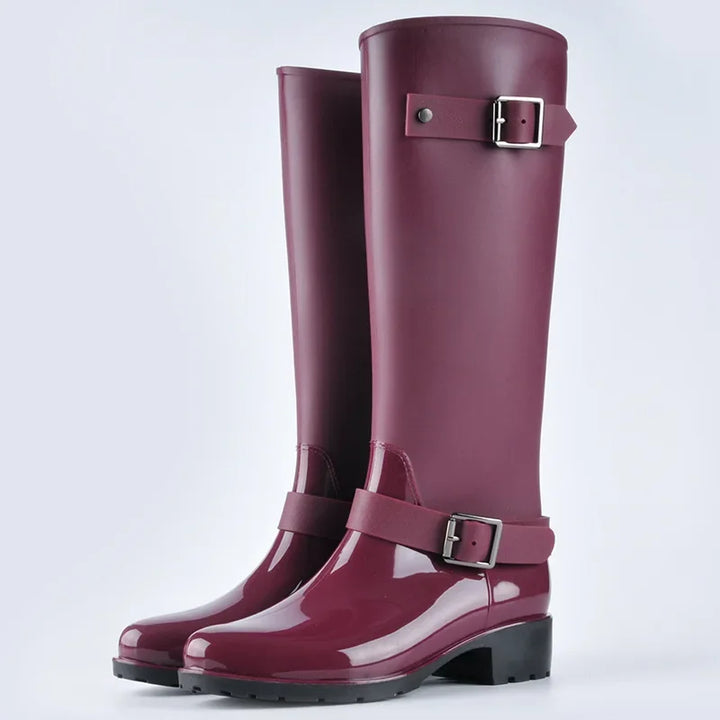 Drune | Damen wasserdichte knielange Gummistiefel mit Schnallen & Blockabsätzen