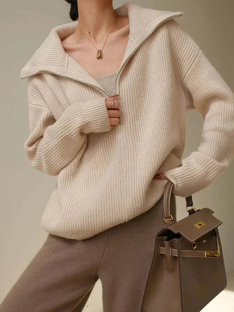 Gestreifter Turtleneck Damenpullover mit Reißverschluss