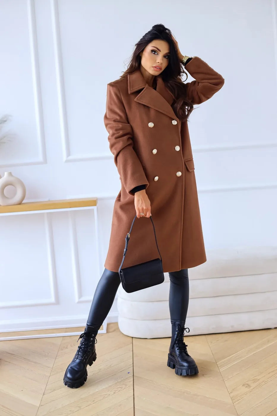 Drune | Damen Doppelreihiger Mantel - Wollmischung - Mittellang - Reverskragen - Elegante formelle Kleidung