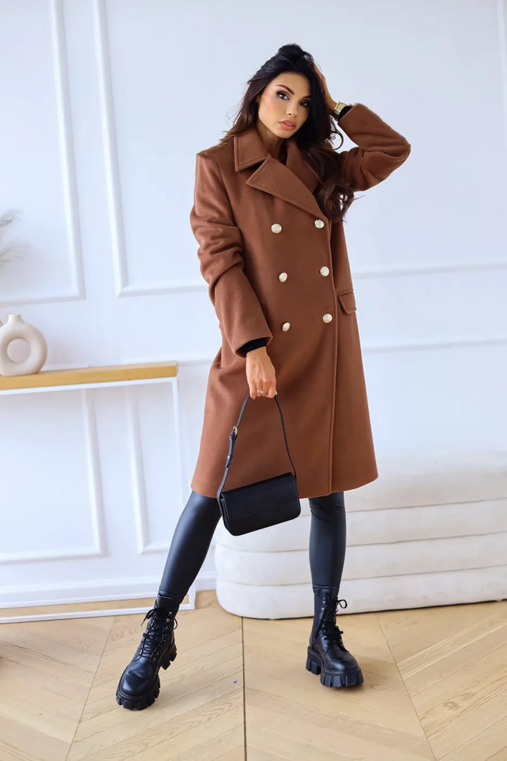 Drune | Damen Doppelreihiger Mantel - Wollmischung - Mittellang - Reverskragen - Elegante formelle Kleidung