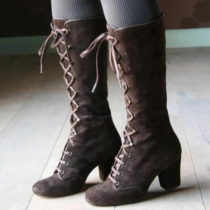 Drune | Elegante Knielange Schnürstiefel mit Blockabsatz