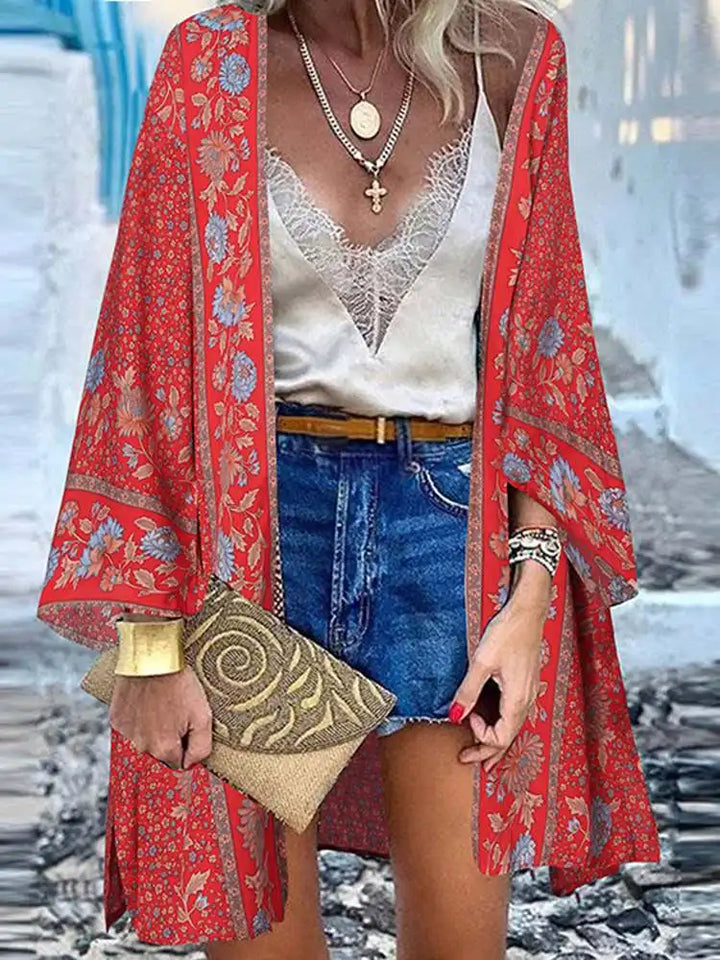 Drune | Sommerlicher Damen Strickjacke Im Boho Stil Mit Buntem Blumenmuster