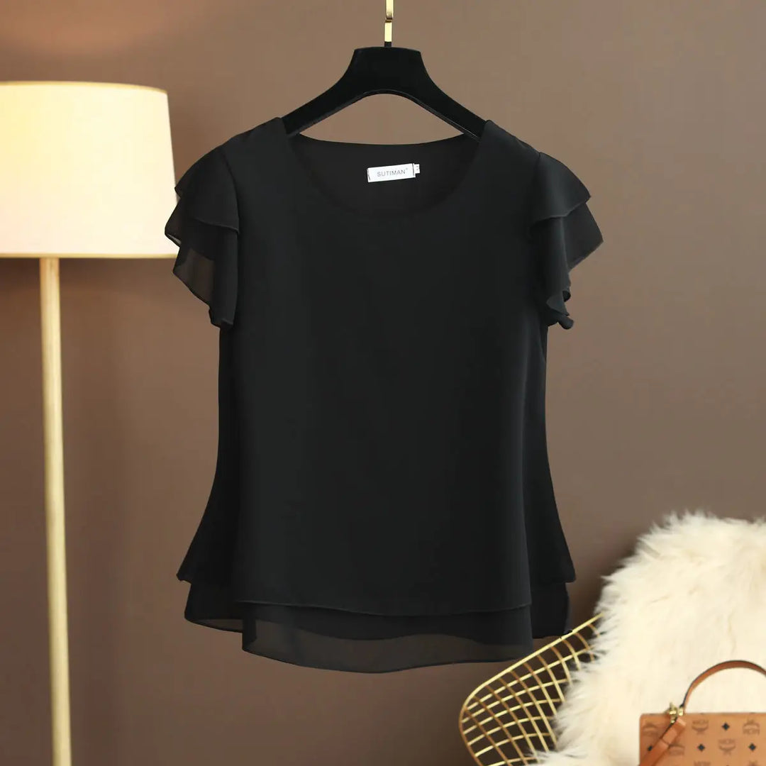 Drune | Chiffon Bluse Mit O-ausschnitt Und Kurzen Ärmeln