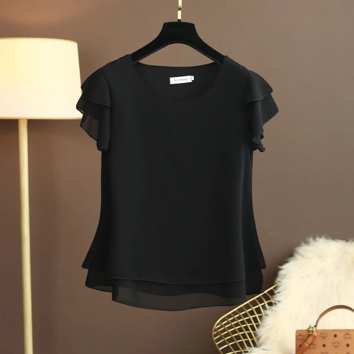 Drune | Chiffon Bluse mit O-Ausschnitt und Kurzen Ärmeln