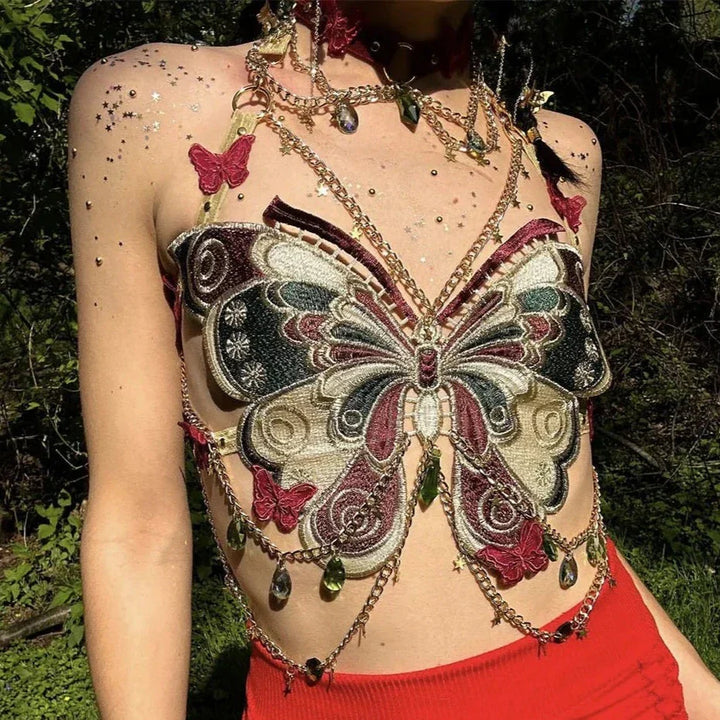 Drune | Besticktes Y2k Schmetterling Crop Top