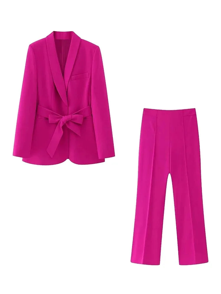 Drune | Damen Freizeit Blazer Schicke Oberbekleidung Elegante Schlaghosen Langarm V-ausschnitt Gürtel Büro Pendler Anzug Satz