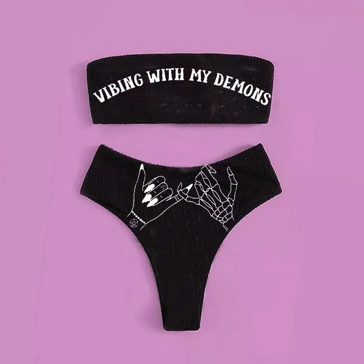 Drune | Sexy Goth Bikini Frauen Buchstaben Totenkopf Druck Badeanzug Split Badeanzug Hohe Taille Gotische Bikini Set Strandoutfits