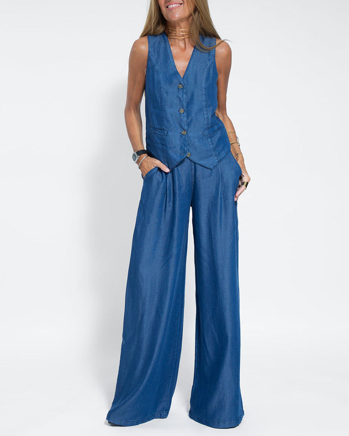 Drune | Elegantes 2-Teiliges Set Leinen Weite Hose & Weste