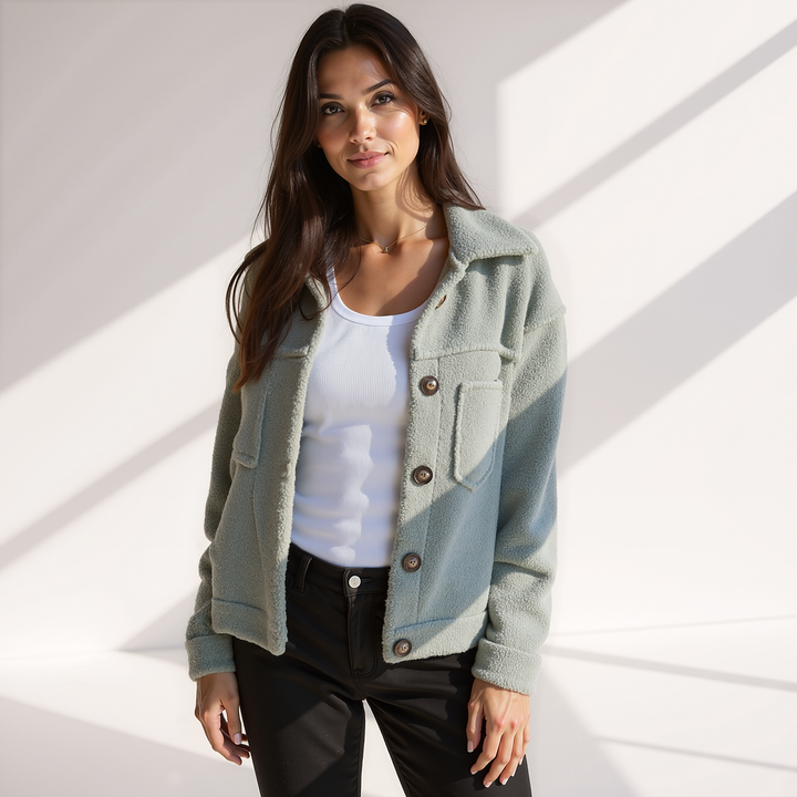 Drune | Weiche Damen Teddy Herbstjacke mit Knöpfen und Taschen