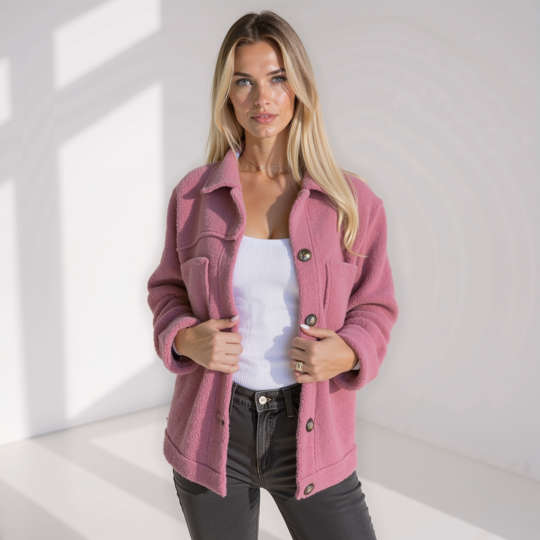 Drune | Weiche Damen Teddy Herbstjacke mit Knöpfen und Taschen
