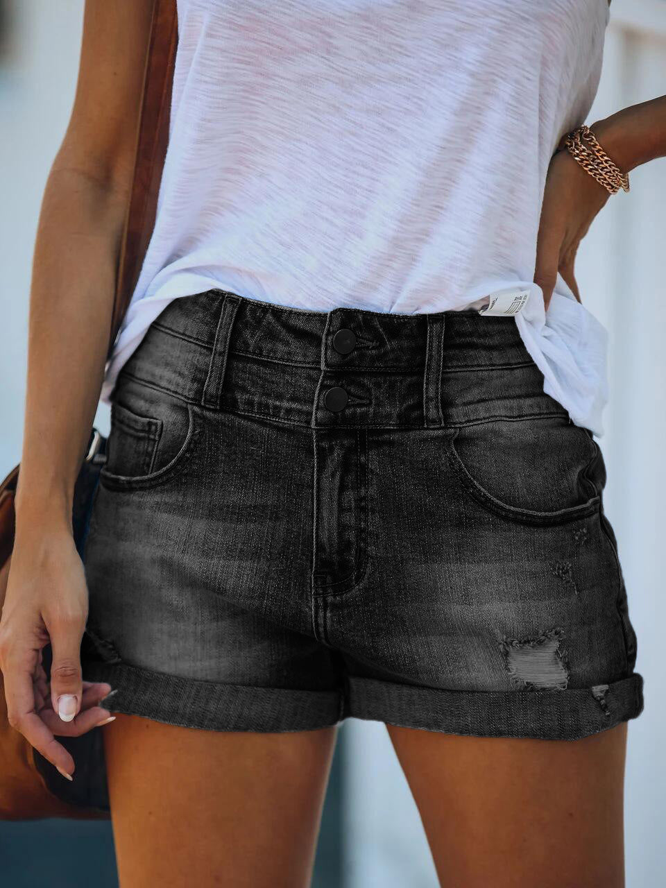 Drune | Damen Denim Shorts Zerrissen Gerollt Stretch Hohe Taille Denim Shorts