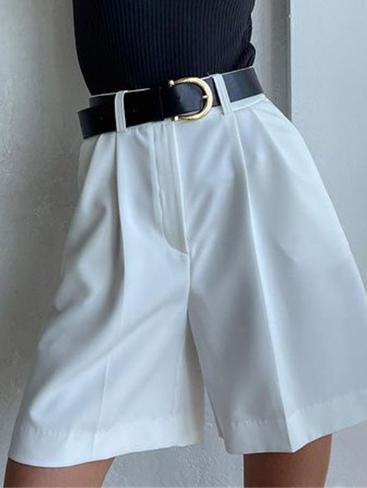 Drune | Damen Shorts Einfarbig Reißverschluss Tasche Gerade Shorts