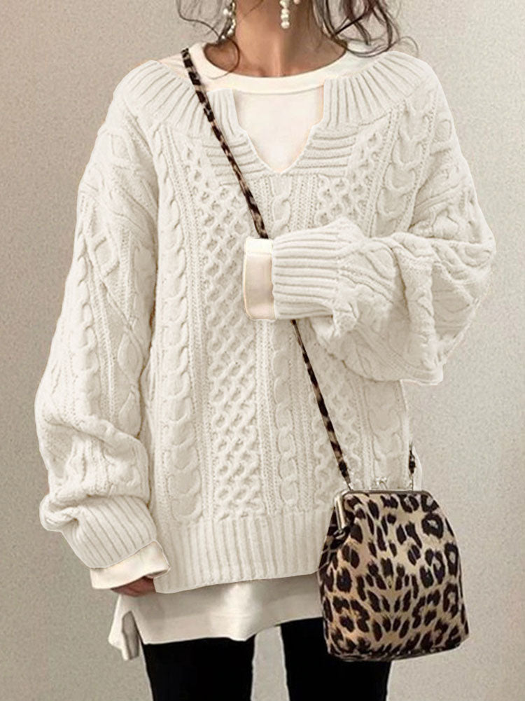 Drune | Kabelstrickpullover - Damen Herbst Grobstrickpullover mit Schlitzkragen
