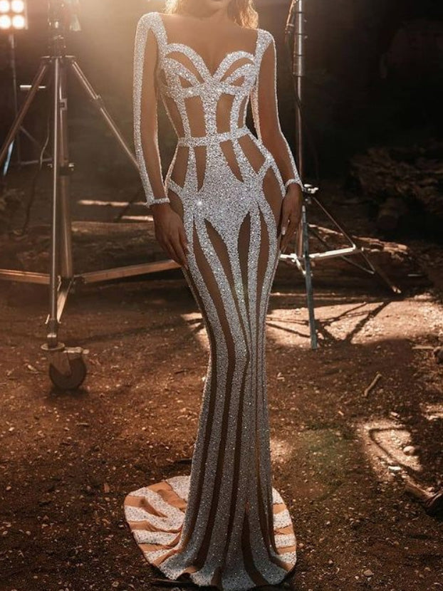 Drune | Damen Kleider Glänzendes Mesh Lange Ärmel Festkleid
