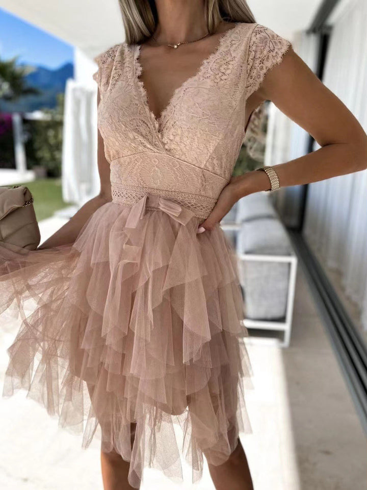Drune | Damen Kleider V-Ausschnitt Spitze Mesh Unregelmäßiges Kleid